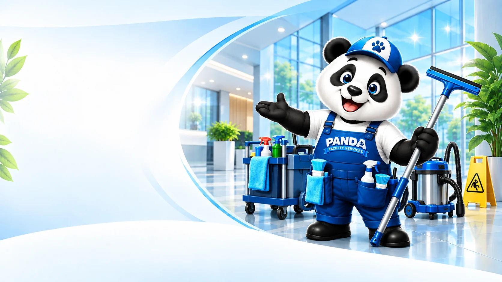 Panda Facility Services: Panda mit Reinigungswagen und Fensterwischer